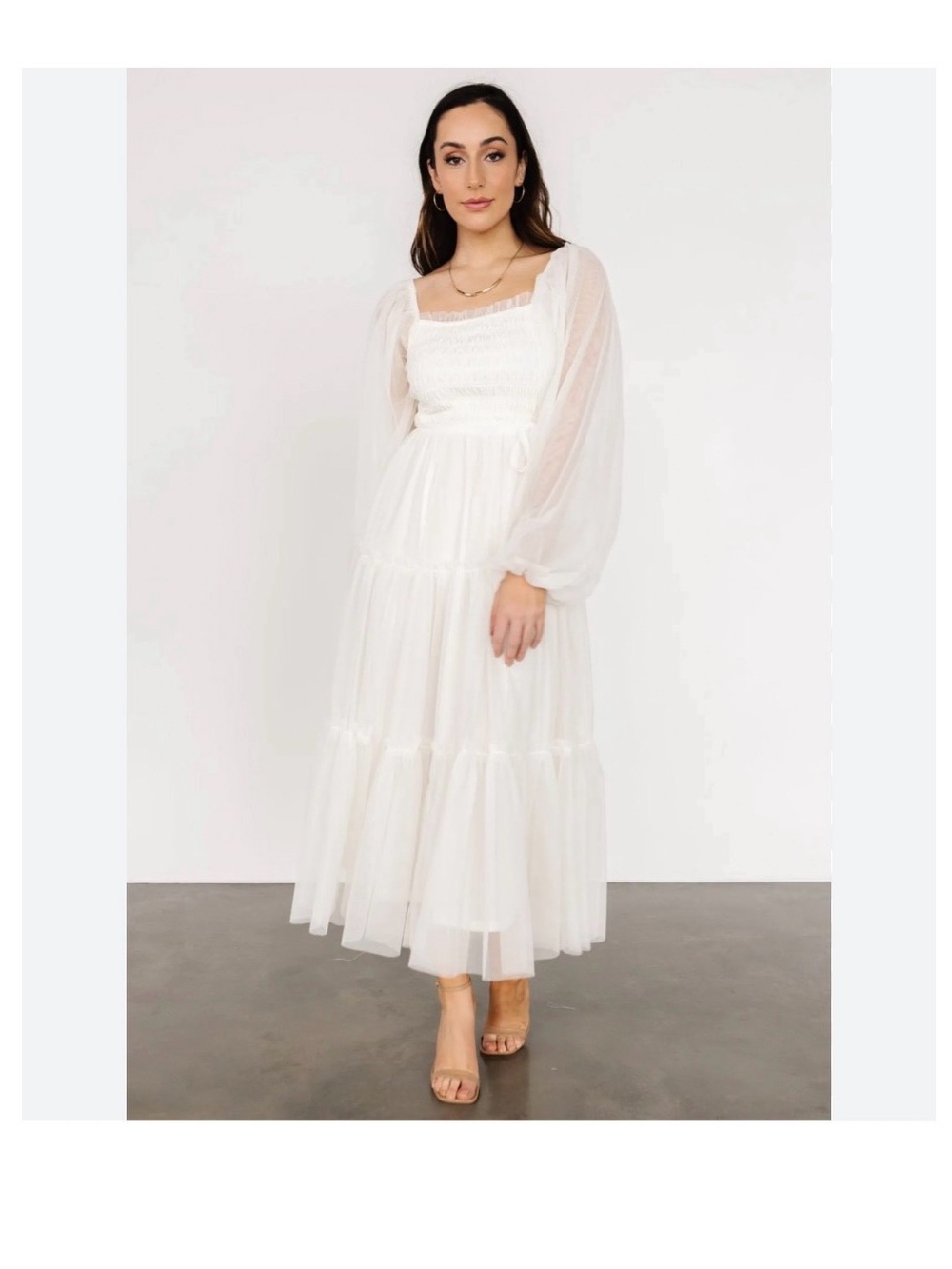 Listicle White Sheer Puff-Sleeve Tiered Maxi Dress